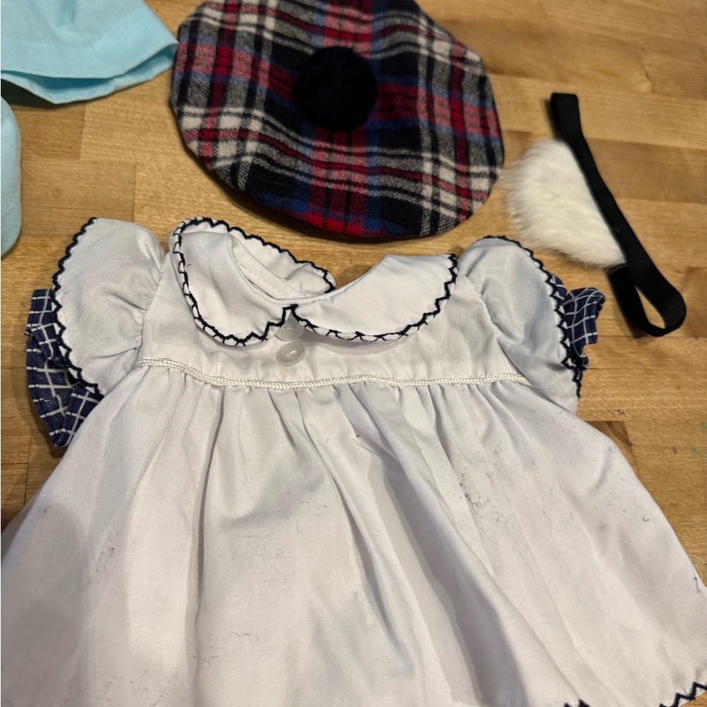 Cabbage Patch Doll clothingPlaid Beret and purse and White / blue Dress Set